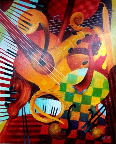 Painting titled "Composition musical…" by Daniel Dombry, Original Artwork, Oil Mounted on Wood Stretcher frame