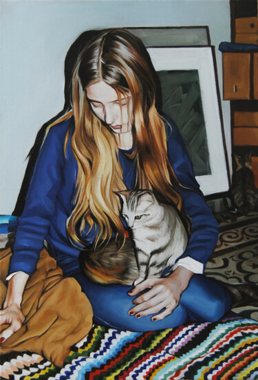 Картина под названием "Girl with cats" - Daniel García, Подлинное произведение искусства, Масло