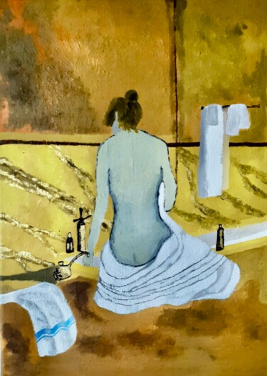 Painting titled "Jeune femme au bain" by Daniel Garcia (Léo), Original Artwork, Oil Mounted on Wood Stretcher frame