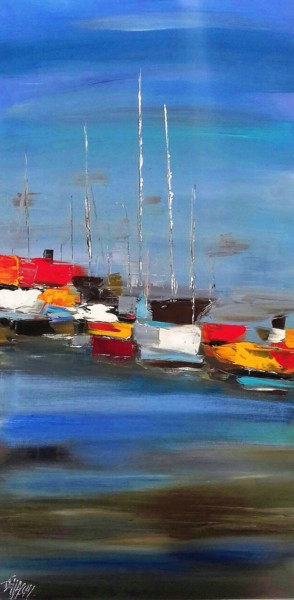 Painting titled "bateaux sur fond bl…" by Daniel Giacchi, Original Artwork