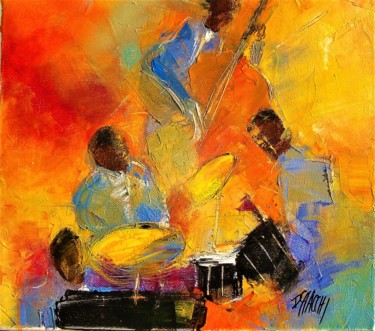 Pintura intitulada "jazzmen-sur-fond-ro…" por Daniel Giacchi, Obras de arte originais, Óleo