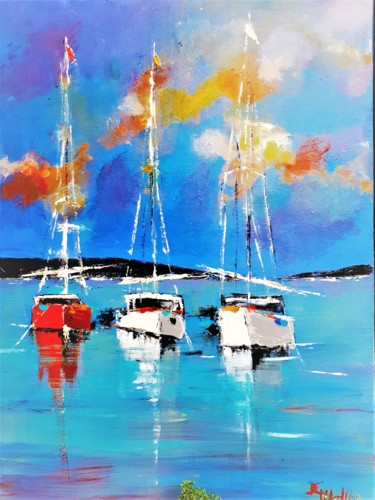 Painting titled "32 bateaux au mouil…" by Daniel Giacchi, Original Artwork, Oil