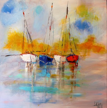Peinture intitulée "Quatre bateaux au m…" par Daniel Giacchi, Œuvre d'art originale, Huile