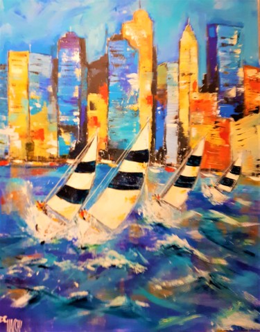 Peinture intitulée "Régate à New York" par Daniel Giacchi, Œuvre d'art originale, Huile