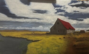 Pintura intitulada "Old red roofed barn…" por Flatty, Obras de arte originais, Óleo