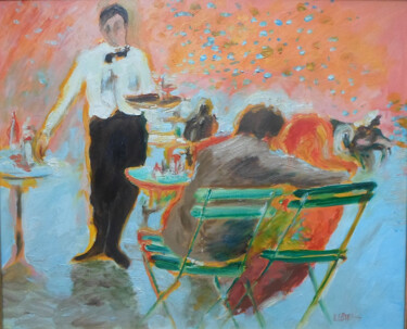 Painting titled "Scène: Les Amoureux" by Daniel Lebier, Original Artwork, Oil Mounted on Wood Stretcher frame