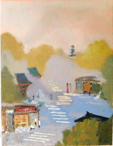 Schilderij getiteld "Brouillard sur Kyoto" door Daniel Mangin, Origineel Kunstwerk, Olie