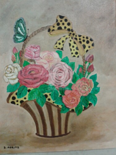 Painting titled "Corbeille de roses" by Daniel Moritz, Original Artwork, Oil