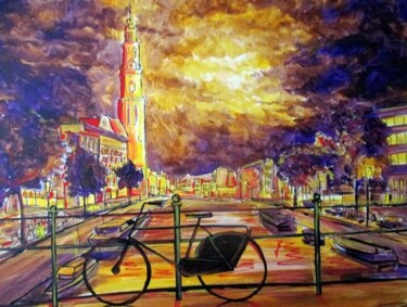 Painting titled "Amsterdam in de nac…" by Daniel Polyakov, Original Artwork, Acrylic