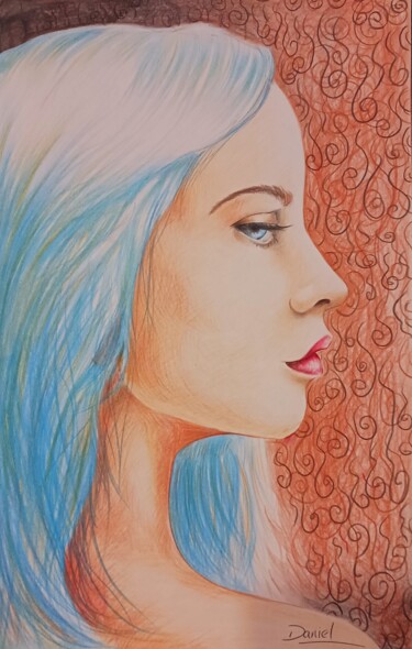 Dibujo titulada "Mujer de pelo azul" por Daniel Portales, Obra de arte original, Lápiz