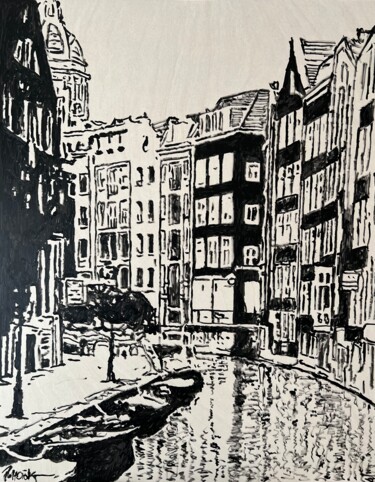 Malarstwo zatytułowany „Herengracht” autorstwa Daniel Pultorak, Oryginalna praca, Olej Zamontowany na Drewniana rama noszy
