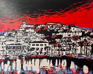 Painting titled "Ibiza by night" by Daniel Pultorak, Original Artwork, Oil Mounted on Wood Stretcher frame