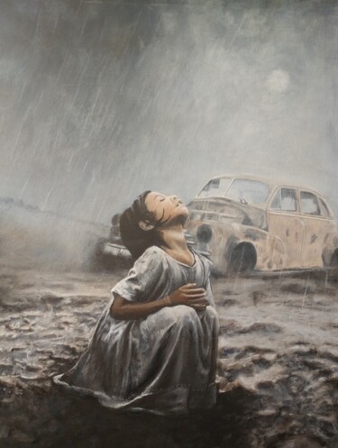 Painting titled "Sous la pluie" by Daniel Servant, Original Artwork, Acrylic