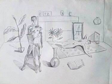 Tekening getiteld "Mood in the salon" door Daniel Sisay, Origineel Kunstwerk, Grafiet