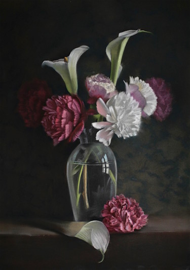 Painting titled "Aromes et pivoines.…" by Daniel Solnon, Original Artwork, Pastel