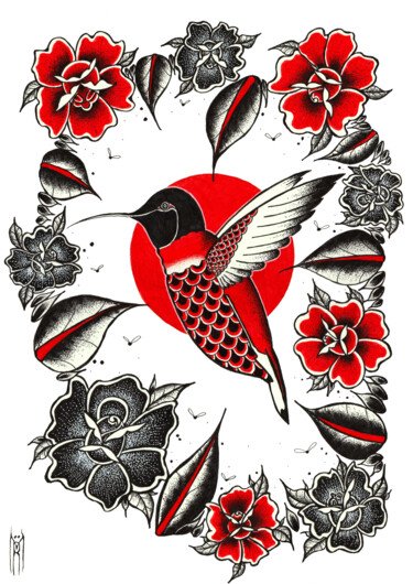 Dessin intitulée "The Red Hummingbird" par Daniel Ströfer, Œuvre d'art originale, Marqueur