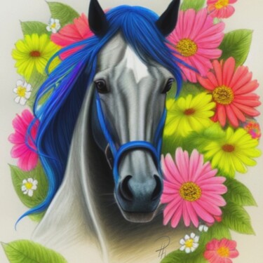 Dessin intitulée "Cavallo e fiori 2" par Daniela La Rovere, Œuvre d'art originale, Conté