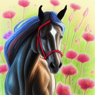 Disegno intitolato "Cavallo e fiori 4" da Daniela La Rovere, Opera d'arte originale, Matite colorate