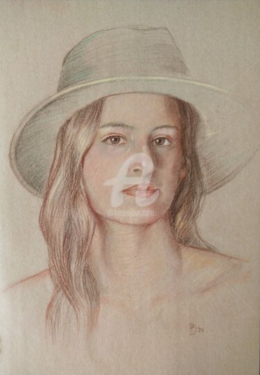 Disegno intitolato "Ragazza con cappello" da Daniela Protopapa, Opera d'arte originale, Pastello