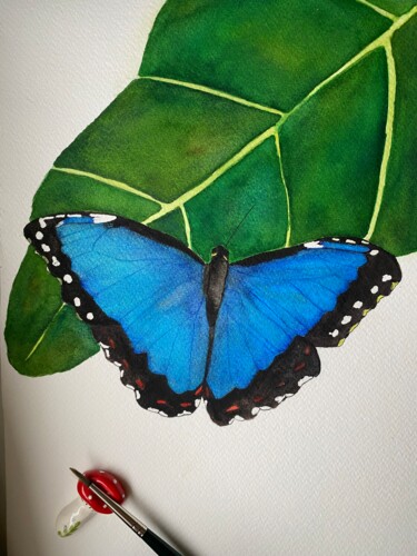 Malerei mit dem Titel "Blue butterfly" von Daniela Rios, Original-Kunstwerk, Aquarell