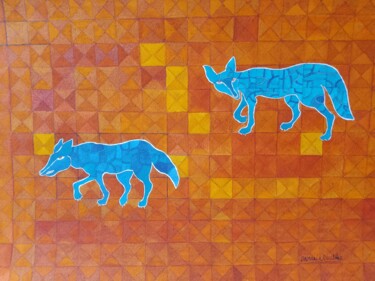 Malerei mit dem Titel "Coyotes azules" von Daniela Cuellar, Original-Kunstwerk, Aquarell