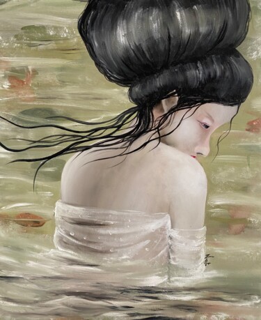 Painting titled "Geisha en el lago" by Daniela Nocito, Original Artwork, Oil Mounted on Wood Stretcher frame