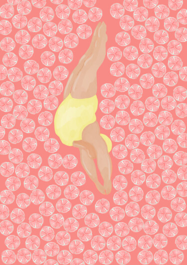 Digital Arts titled "Pink Lemons Pool" by Daniela Nocito, Original Artwork, Digital Painting