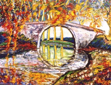 Painting titled "Le petit pont de pi…" by Kévin Blot, Original Artwork, Oil