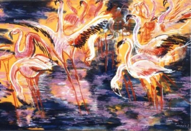 Peinture intitulée "Flamants roses" par Kévin Blot, Œuvre d'art originale, Huile