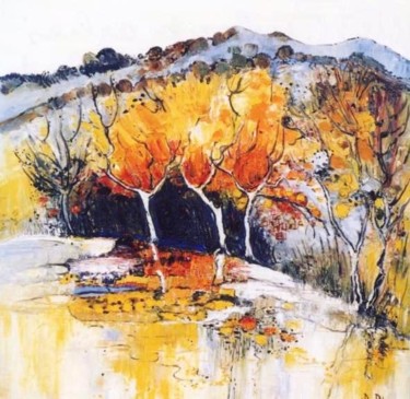 Painting titled "Quelques arbres en…" by Kévin Blot, Original Artwork, Oil