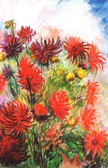 Painting titled "Les dahlias" by Kévin Blot, Original Artwork, Oil