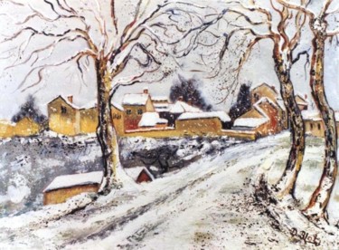 Painting titled "Village en hiver" by Kévin Blot, Original Artwork, Oil