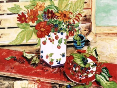 Peinture intitulée "Fleurs et fruits ro…" par Kévin Blot, Œuvre d'art originale, Autre