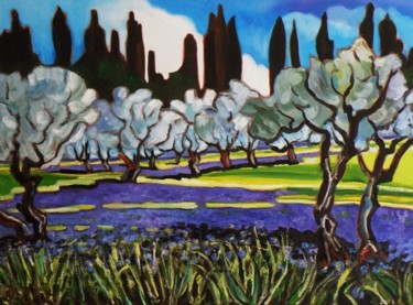 Peinture intitulée "Iris dans les olivi…" par Kévin Blot, Œuvre d'art originale, Autre