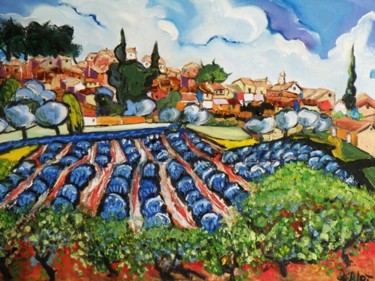 Peinture intitulée "Village aux lavandi…" par Kévin Blot, Œuvre d'art originale, Huile