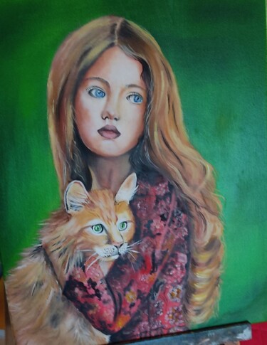 Painting titled "Un adorable chat" by Daniele Fabre, Original Artwork, Oil Mounted on Wood Stretcher frame