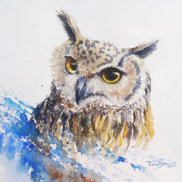 Malerei mit dem Titel "Le Hibou grand duc…" von Danièle Fraboulet, Original-Kunstwerk, Aquarell