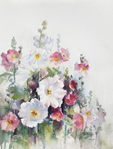 Peinture intitulée "Les roses trémières…" par Danièle Fraboulet, Œuvre d'art originale, Aquarelle