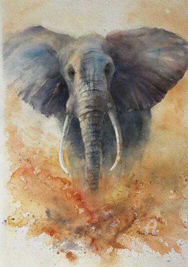 Pintura intitulada "Eléphant" por Danièle Fraboulet, Obras de arte originais, Aquarela