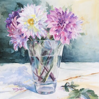 Painting titled "Bouquet de Dahlias…" by Danièle Fraboulet, Original Artwork, Watercolor