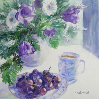 Painting titled "Raisins sur assiette" by Danièle Fraboulet, Original Artwork, Watercolor