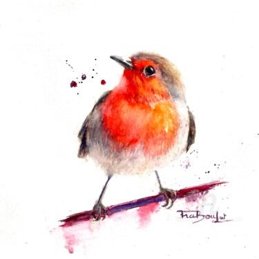 Painting titled "Rouge-gorge   -  Re…" by Danièle Fraboulet, Original Artwork, Watercolor