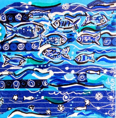 Painting titled "Les poissons bleus." by Daniele Jasselin, Original Artwork, Acrylic Mounted on Wood Stretcher frame