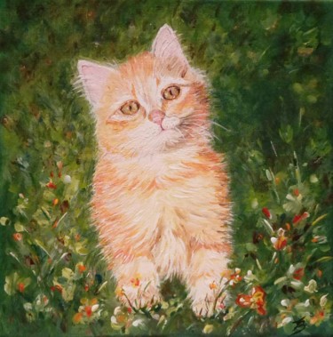 Painting titled "Chaton roux dans le…" by Danièle Kechidi, Original Artwork, Acrylic Mounted on Wood Stretcher frame