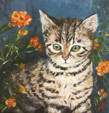 Painting titled "Chaton tigré dans l…" by Danièle Kechidi, Original Artwork, Acrylic Mounted on Wood Stretcher frame