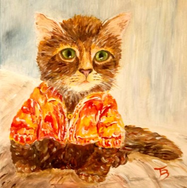 Painting titled "Chaton au gilet ora…" by Danièle Kechidi, Original Artwork, Acrylic Mounted on Wood Stretcher frame