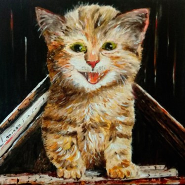 Painting titled "Minou rieur sous le…" by Danièle Kechidi, Original Artwork, Acrylic Mounted on Wood Stretcher frame