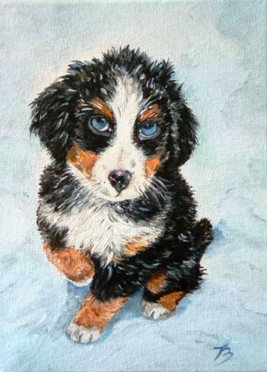 Painting titled "Chiot bouvier" by Danièle Kechidi, Original Artwork, Acrylic Mounted on Wood Stretcher frame
