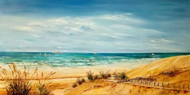 Painting titled "Plage sauvage" by Danièle Kechidi, Original Artwork, Oil Mounted on Wood Stretcher frame