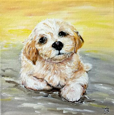 Painting titled "Chiot bichon" by Danièle Kechidi, Original Artwork, Acrylic Mounted on Wood Stretcher frame